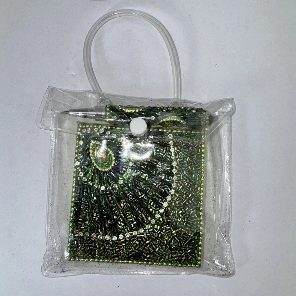 Pier 1 Mini Notebook Green Peacock Sequined With Mini Pen and Plastic Bag